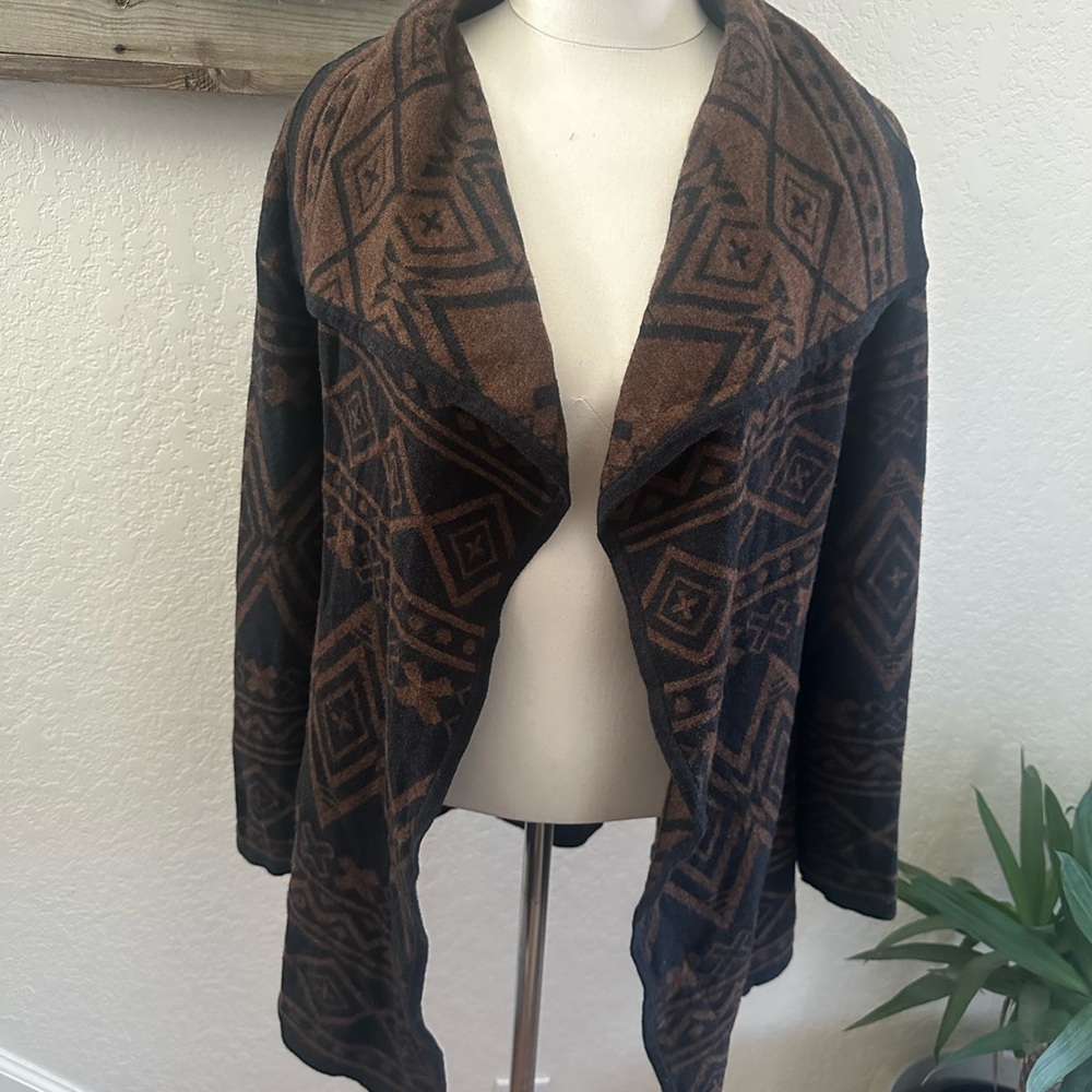 Krimson Klover Open-Front Aztec Print Cardigan Sweater Brown/Black Cotton/Wool M